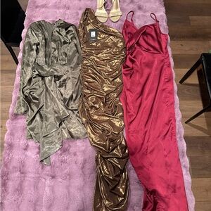 Elegant Satin Dresses Trio with size 6.5 gold heels